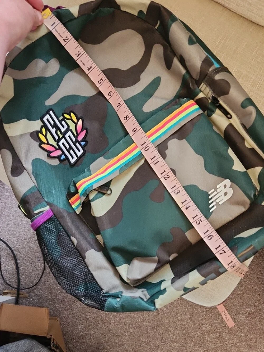 New Balance Green Camo Backpack with Rainbow Stripe and Purple Accents